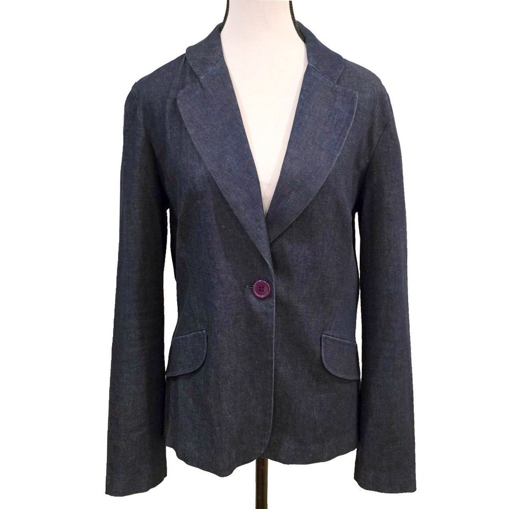 Y2K Vtg Tracy Evans Denim Blazer Jacket Womens 12 Dark Wash Single Purple Button